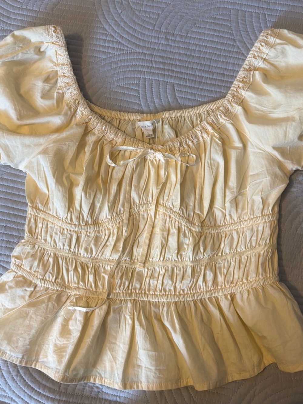 Smocked Peplum Puff Sleeve Top in Pale Yellow